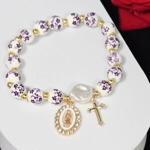 Purple Floral Ceramic Miraculous Medal Bracelet 💜 Virgin Mary Catholic Prayer